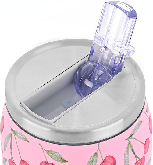 Estia Travel Cup Save the Aegean Recyclable Thermos Bottle Stainless Steel / Plastic BPA Free 500ml Cherry Rose with Straw