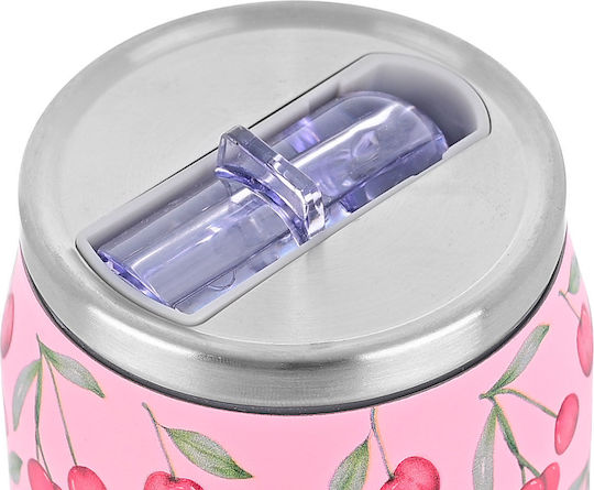 Estia Travel Cup Save the Aegean Recyclable Thermos Bottle Stainless Steel / Plastic BPA Free 500ml Cherry Rose with Straw