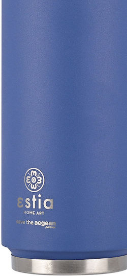 Estia Travel Cup Save the Aegean Recyclable Glass Thermos Stainless Steel / Plastic BPA Free 500ml Denim Blue with Straw