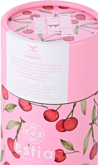 Estia Travel Cup Save the Aegean Recyclable Thermos Bottle Stainless Steel / Plastic BPA Free 500ml Cherry Rose with Straw