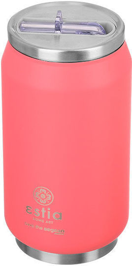 Estia Travel Cup Save the Aegean Recyclable Glass Thermos Stainless Steel / Plastic BPA Free 300ml Fusion Coral with Straw