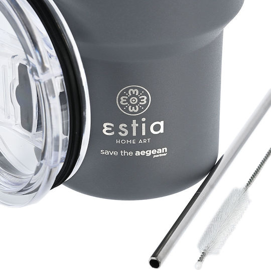 Estia Coffee Mug Lite Save The Aegean Recyclable Thermos Glass Stainless Steel BPA Free 400ml Fjord Grey with Straw