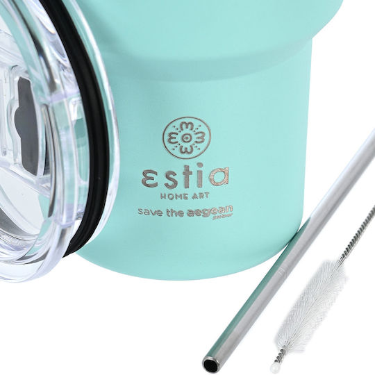 Estia Coffee Mug Lite Save The Aegean Recyclable Thermos Stainless Steel BPA Free 400ml Bermuda Green with Straw