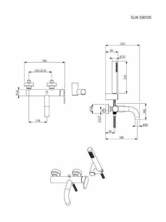 Armando Vicario Slim Mixing Bathtub Shower Faucet Thermostatic Complete Set Black