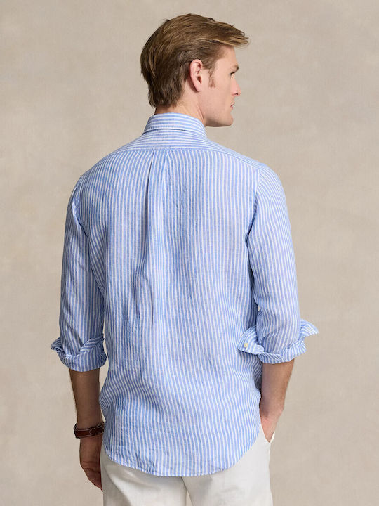 Long Sleeve Linen Shirt in Regular Fit Striped Blue