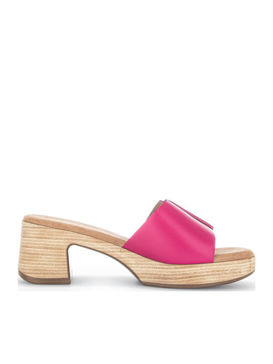 Leather Mules with Chunky Low Heel in Pink Color