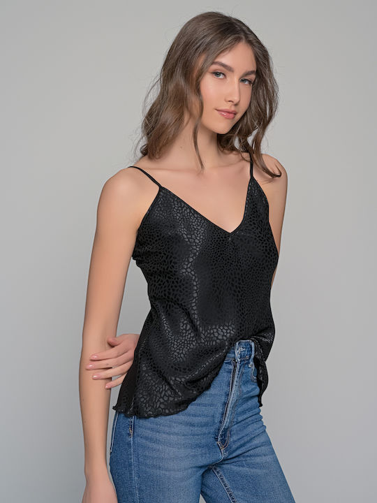 Women's Blouse Satin with Straps & V Neckline Black