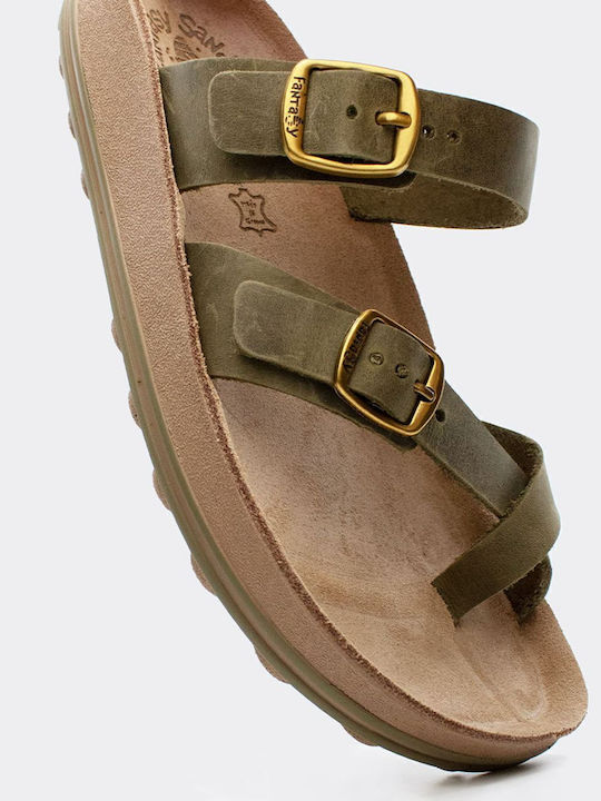 Leather Women's Flat Sandals Anatomic in Khaki Color