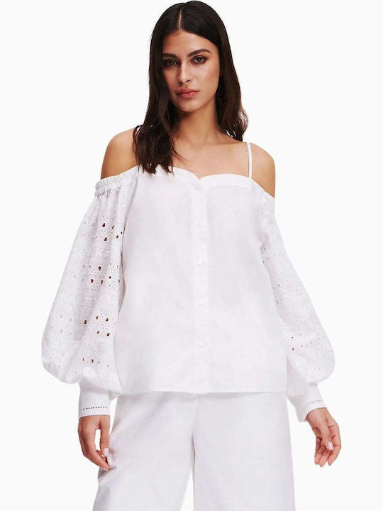 Langärmelig Damen Hemd White