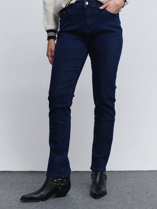 Blugi cu talie înaltă și cinci buzunare pentru femei Fibes, bleumarin, 04-7235-blue Blugi cu talie înaltă și cinci buzunare pentru femei Fibes, bleumarin, 04-7235-blue