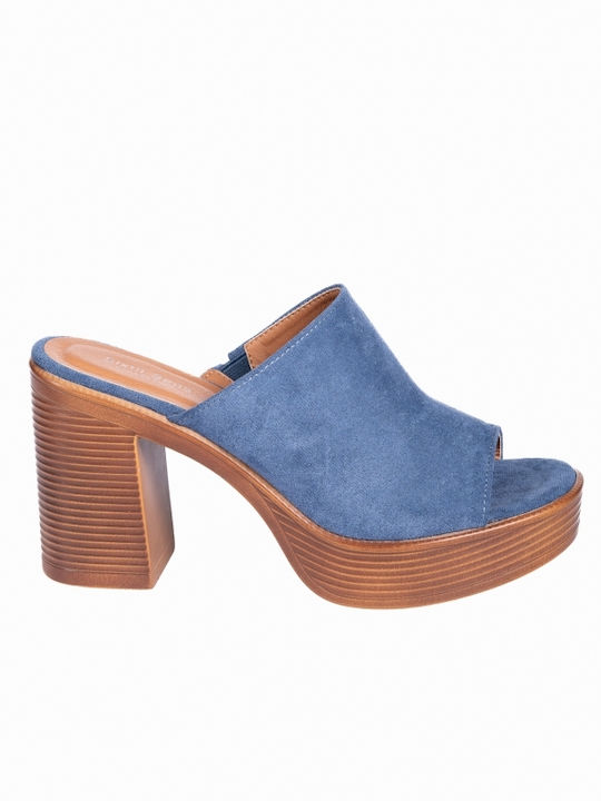 High Heeled Suede Texture Blue Mules