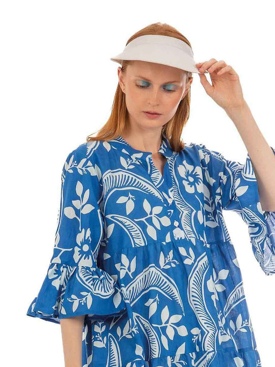 Women's Blue Floral Short Flared Kaftan Dress with Three-Quarter Sleeves