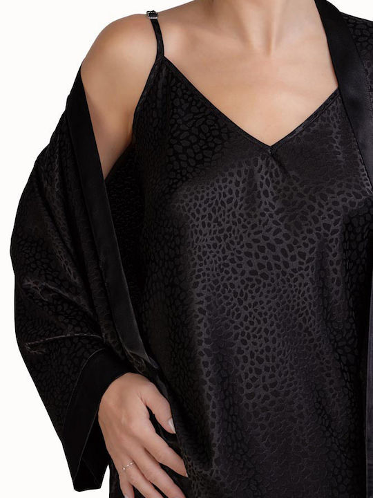 Elite Sommer Damen Satin,σατεν Robe mit Nachthemd Black.