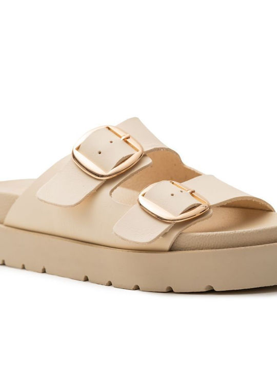 Basic Buckle Sandals Beige Leather