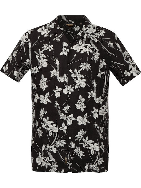 Stud Κοντομάνικο Λινό Πουκάμισο Floral Μαύρο