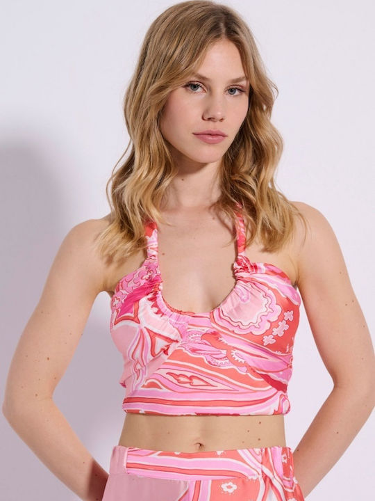 Damen Crop Top Satin mit Neckholder Rosa