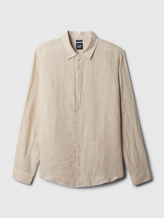 GAP Men's Shirt Long Sleeve Linen Striped Beige