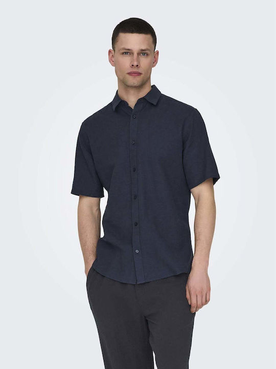 Only & Sons Men's Shirt Short Sleeve Linen Blue