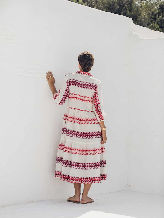 Nema Resort Wear Καλοκαιρινό Midi Φόρεμα με Βολάν White/red