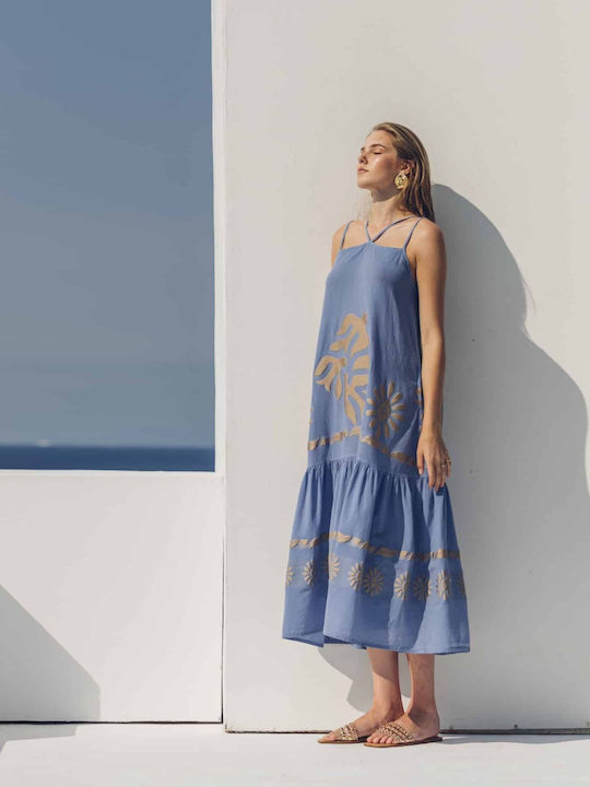Nema Resort Wear Midi Φόρεμα με Βολάν Μπλε