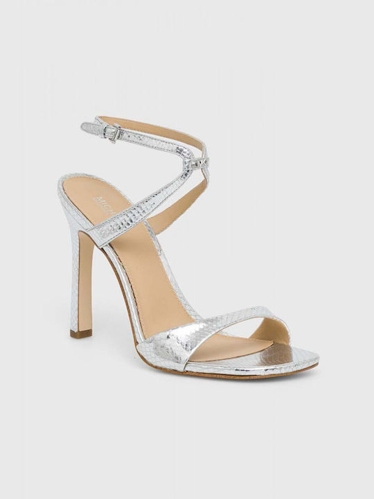 Michael Kors Leather Women's Sandals Silver with High Heel