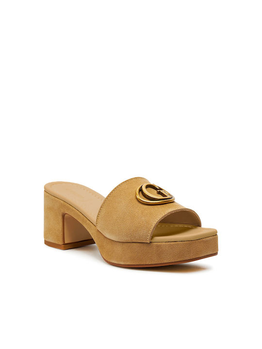 Guess Chunky Heel Leather Mules Yellow