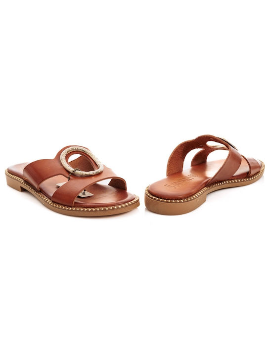 Lady Leather Women's Flat Sandals in Tabac Brown Color