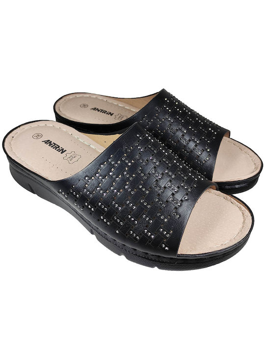 Antrin Leather Women's Flat Sandals Anatomic in Black Color