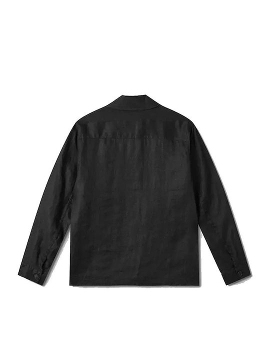 Μακρυμάνικo Λινό Overshirt σε Κανονική Γραμμή Μαύρο