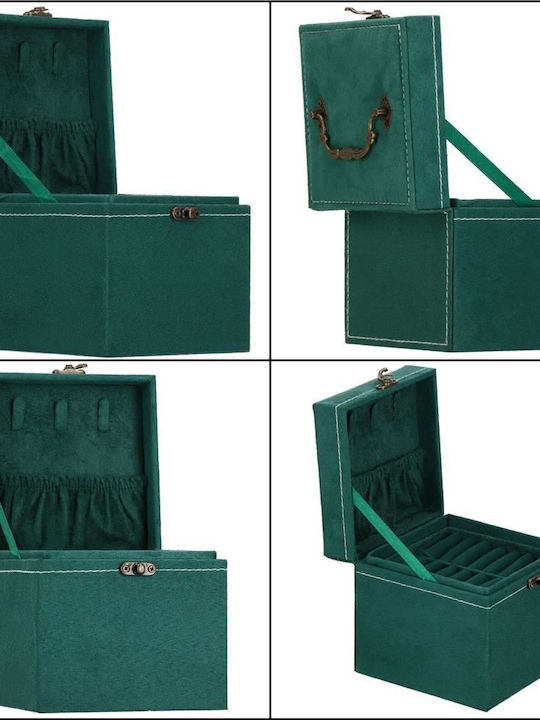 Кутия за бижута от велур в зелено, 12x12x12 см, Springos