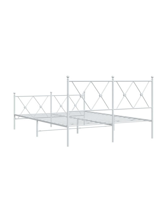 Double Metal Bed White with Slats for Mattress 137x190cm