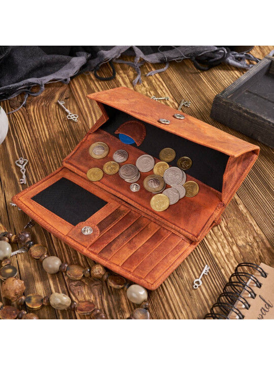 Set cadou portofel damă din piele vintage Paolo Peruzzi cu breloc portocaliu Zup-104