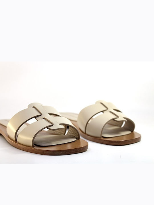 Leather Women's Flat Sandals in Beige Color