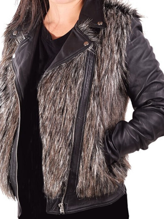 Women's Short Lifestyle Leather Jacket for Winter Black