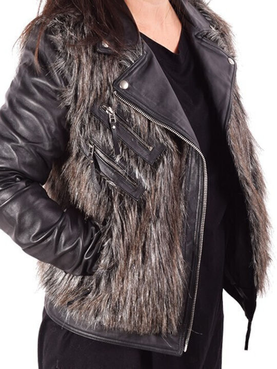 Women's Short Lifestyle Leather Jacket for Winter Black