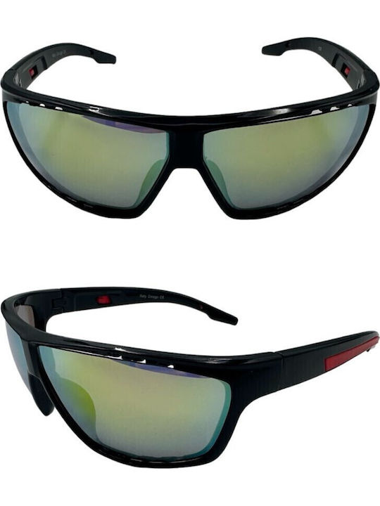 V-store Men's Sunglasses with Black Plastic Frame and Green Mirror Lens 130-03