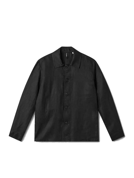 Μακρυμάνικo Λινό Overshirt σε Κανονική Γραμμή Μαύρο