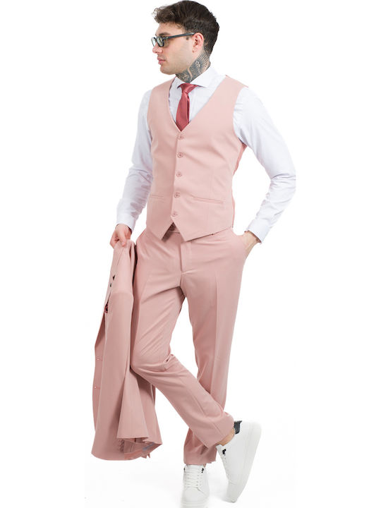 Men's Suit with Vest Pink