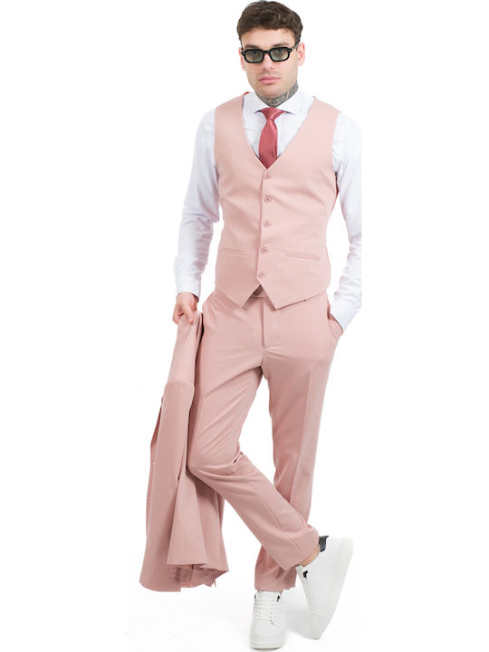 Men's Suit with Vest Pink