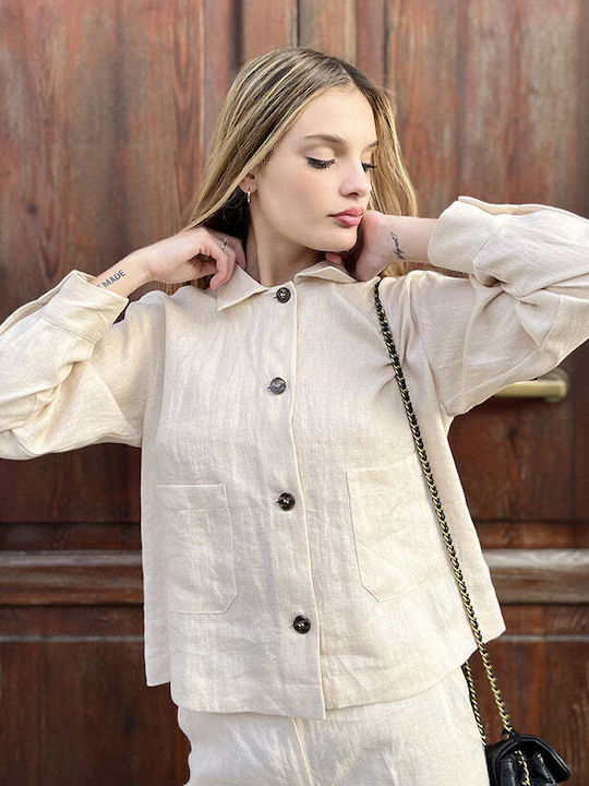 Marella Women's Linen Long Sleeve Shirt BEIGE 24151111422