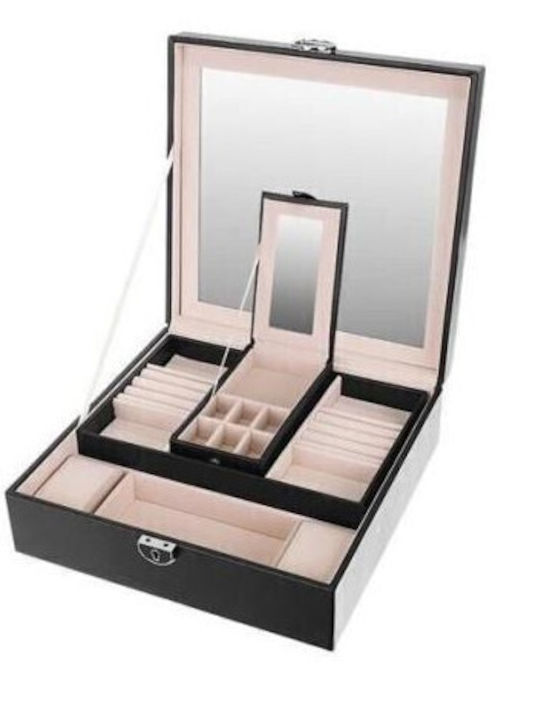 Jewellery Box from Faux Leather with Mirror Black 25.5x25.5x9cm