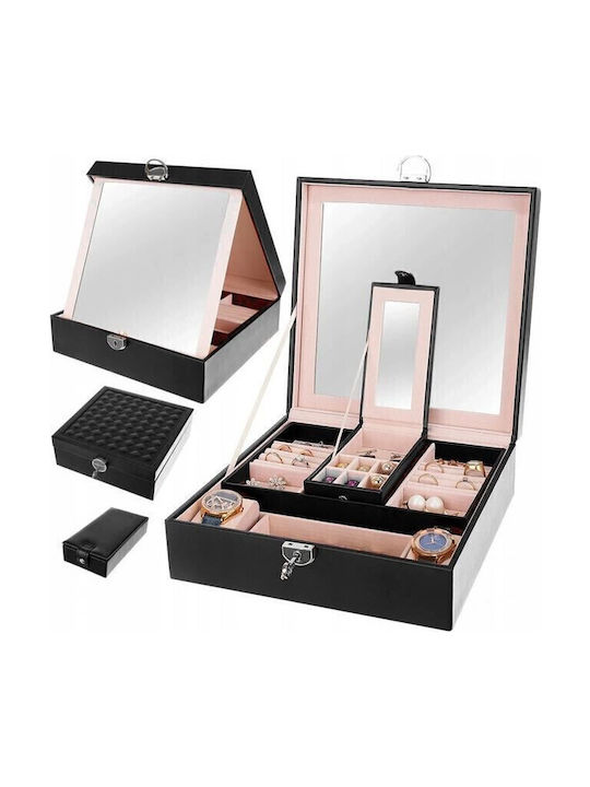 Jewellery Box from Faux Leather with Mirror Black 25.5x25.5x9cm