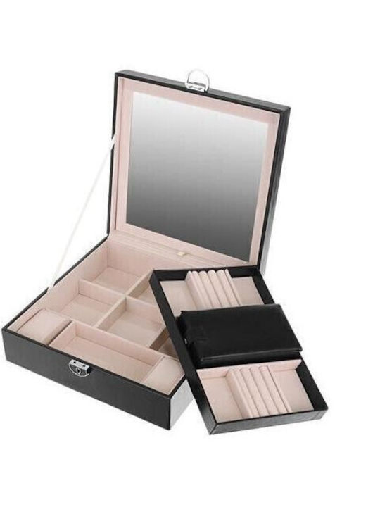 Jewellery Box from Faux Leather with Mirror Black 25.5x25.5x9cm