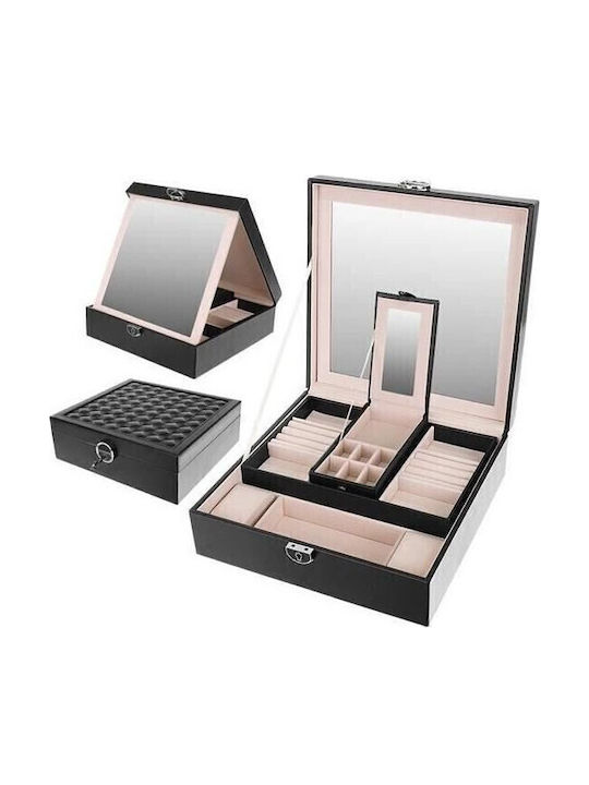 Jewellery Box from Faux Leather with Mirror Black 25.5x25.5x9cm