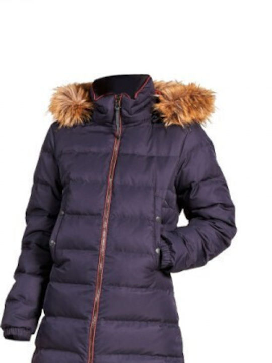 Aigle Women's Short Puffer Leather Jacket Waterproof for Winter with Hood Blue