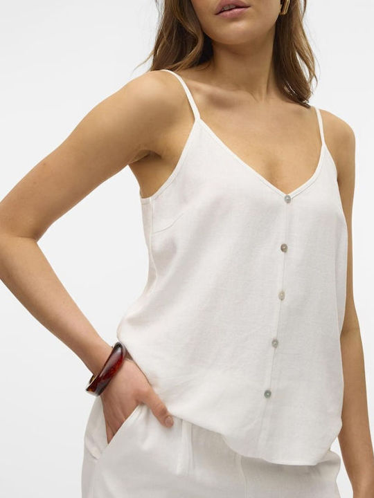 Snow Women's Summer Blouse Linen with Straps & V Neckline White