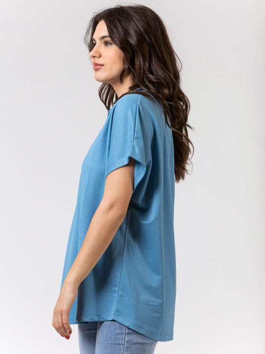 Simple Fashion Women's Blouse Short Sleeve Light Blue