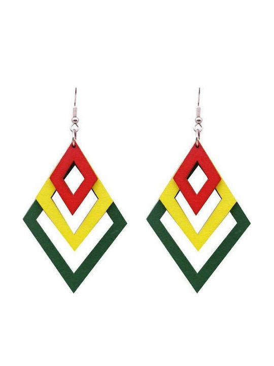 Earrings Geometric Shape Made Wood 3 Diamonds Yellow 11 X 6 Cm