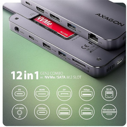 Axagon v1 Hub 12 Θυρών USB 3.2 με σύνδεση USB-A / USB-C Ασημί