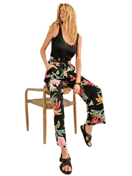 Molly Bracken Women's Fabric Trousers with Elastic in Loose Fit Floral Black